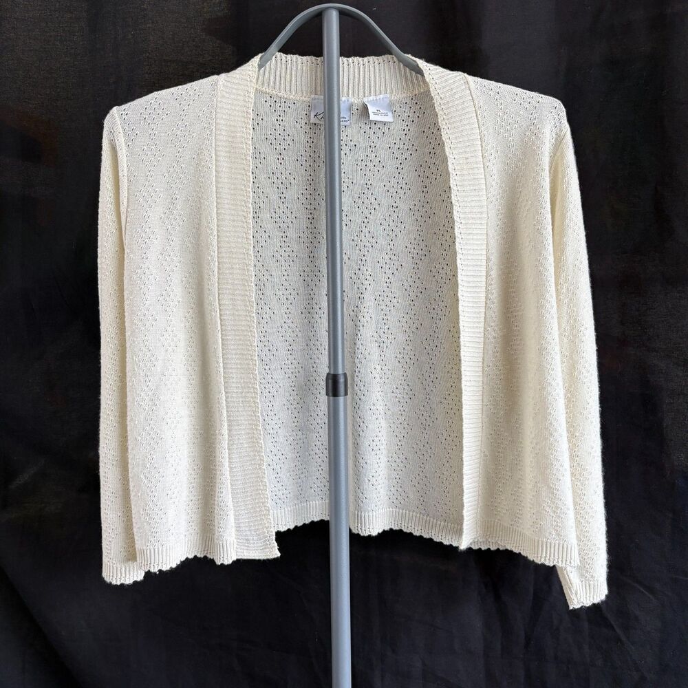 Vintage 90s Kim Rogers Petite L Ivory Pointelle Cardigan Made USA